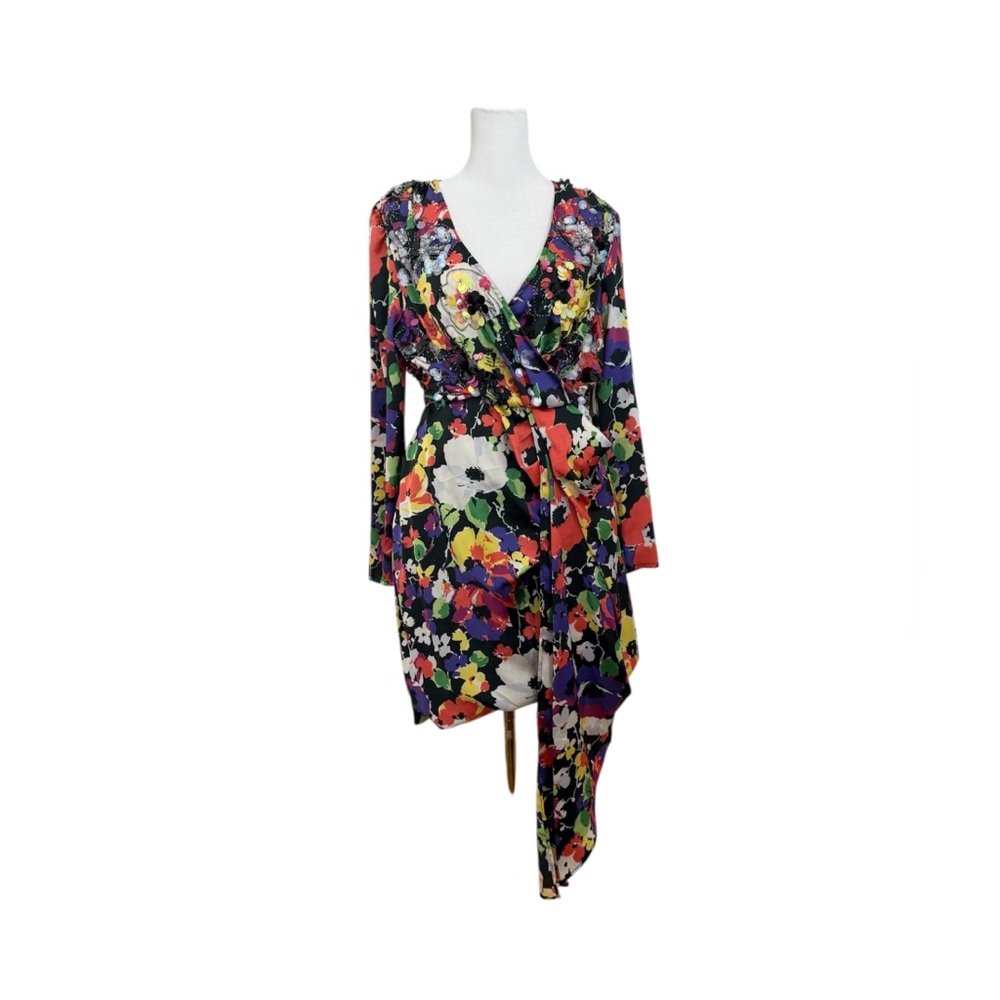 ASOS Long Sleeve floral embellished wrap dress sequin statement party dress
